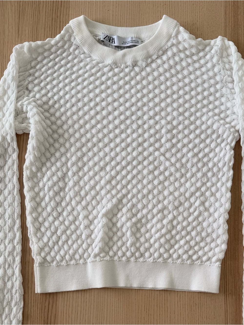 Zara White Textured Bubble Knit Crop Sweater Long Sleeve Pullover Medium